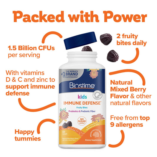 Biostime kids immune defense supplement bottle with text highlighting features on a white background