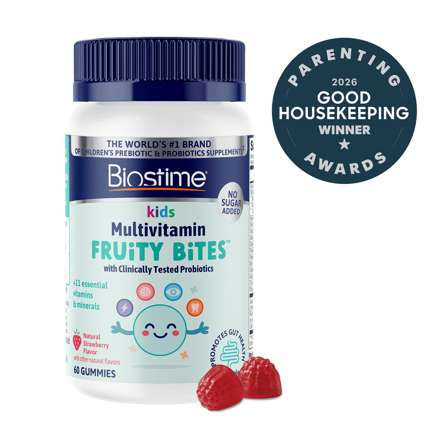 Biostime Kids Multivitamin Fruity Bites gummies bottle with a dark blue cap and white label, shown on a white background with a dark blue 2026 Good Housekeeping Awards badge and two raspberry gummies in front.