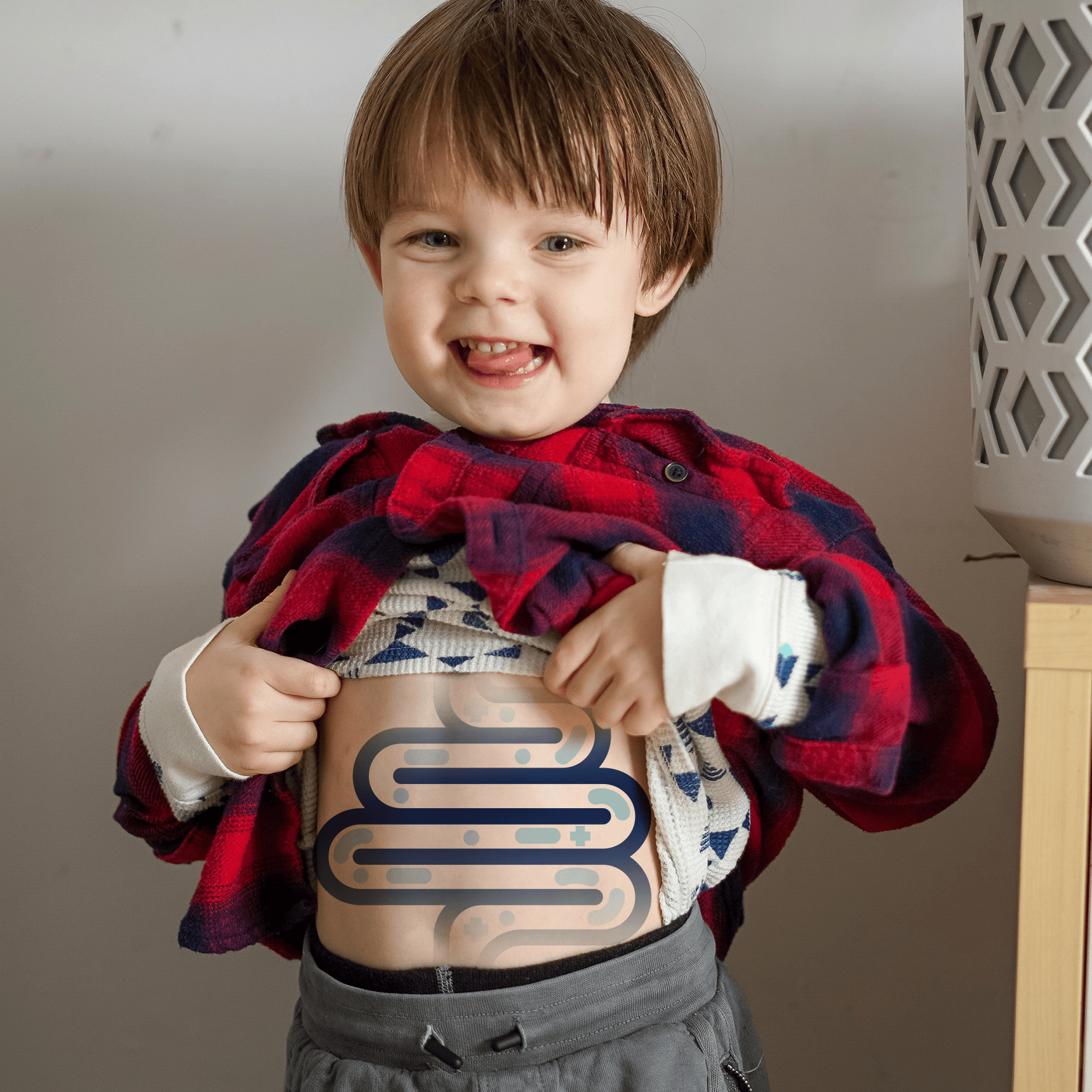 Child wearing a red and blue plaid shirt with a graphic design on a plain background
