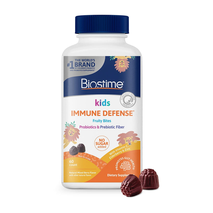 Biostime Kids Immune Defense supplement bottle with two bites on a white background