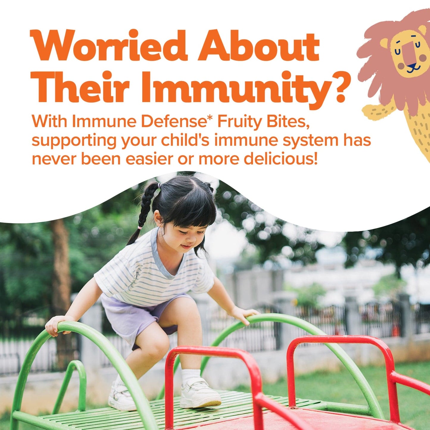 Child playing on playground equipment with promotional text about immune defense bites.