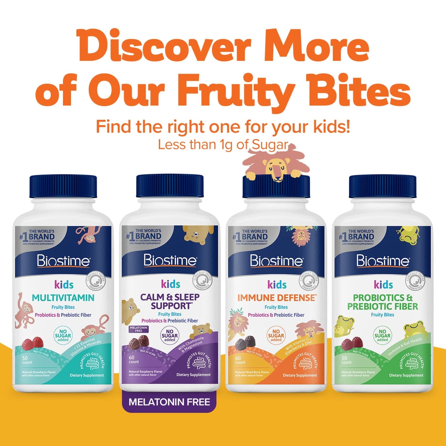 Four Biostime kids' supplement bottles on a white background with promotional text.