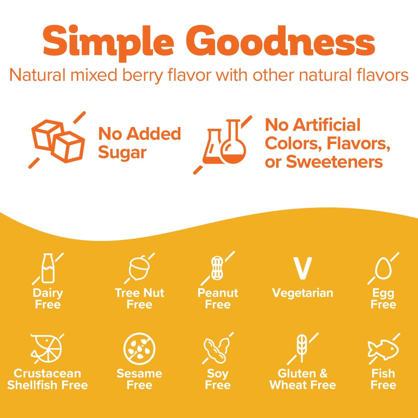 Product label with 'Simple Goodness' flavor description and allergy-free features on a white background.