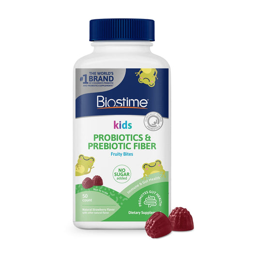 Biostime kids probiotics and prebiotic fiber supplement bottle on a white background