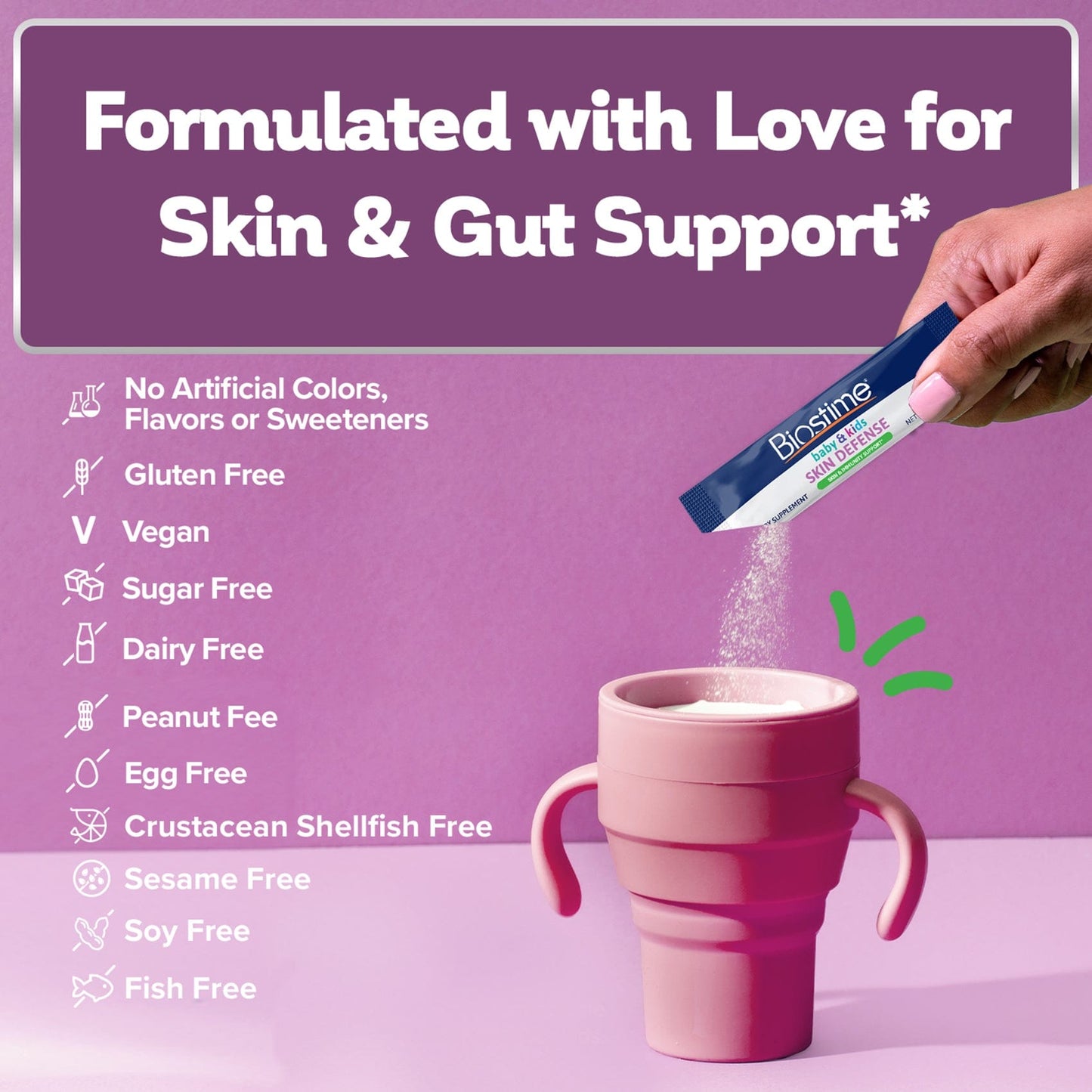 Bioticite supplement being added to a pink cup with a purple background and text about product features.