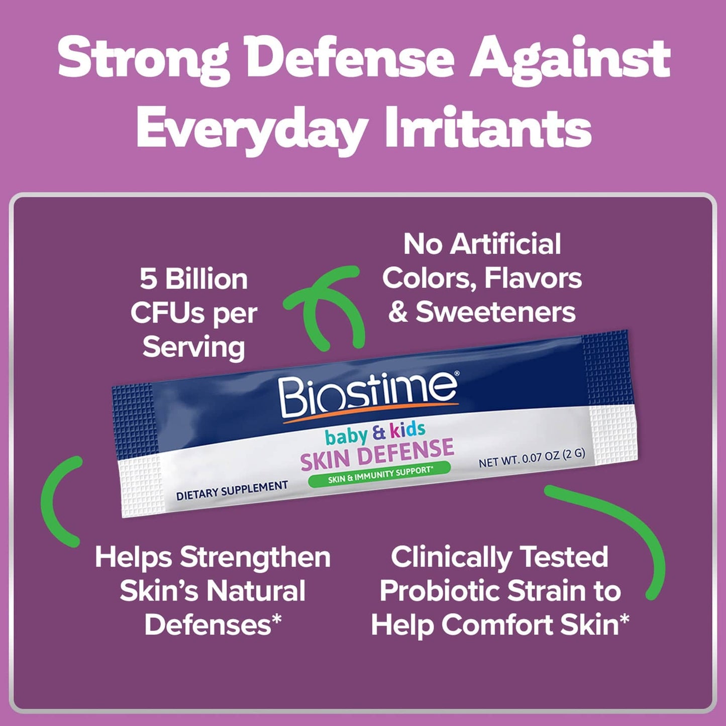 Biostime baby & kids skin defense supplement packaging on a purple background with text about benefits.