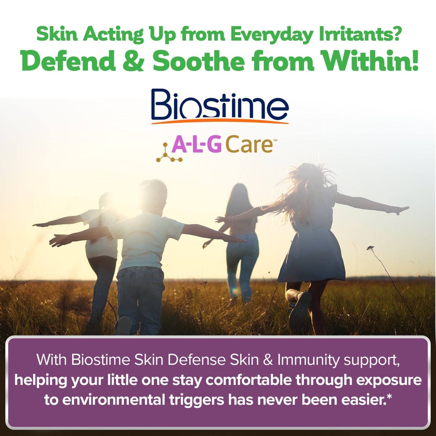 Advertisement for Biostime A-LG Care with people in a field and text about skin care and immunity support.