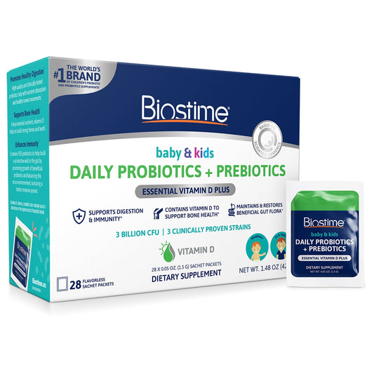 Biostime baby & kids daily probiotics and prebiotics packaging on a white background