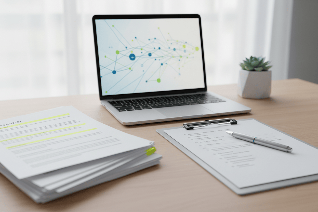 Photorealistic premium image illustrating “clinical substantiation” for the Biostime website. Scene: a clean, modern desk with an open laptop showing an abstract clinical study chart (blurred, no readable text), a printed research paper with highlighted lines (text not readable), and a simple clipboard checklist (no readable text). Add subtle cues of peer-reviewed evidence: graphs, citations-like formatting (blurred). Calm, trustworthy, premium, science-led.
