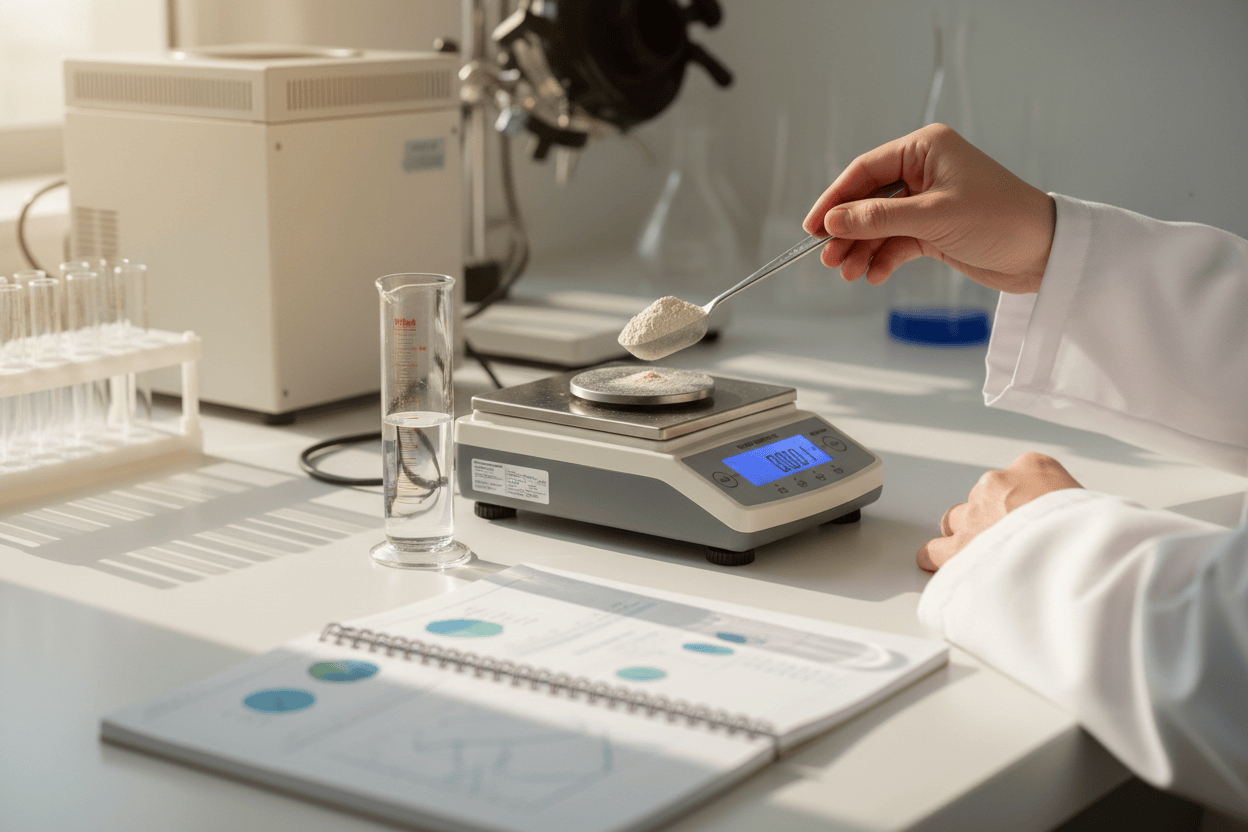 Photorealistic premium image illustrating “research-derived dosage” for the Biostime website. Scene: a clean modern research workspace. Close-up of an expert’s hands precisely measuring a small amount of neutral powder using a micro-scoop onto a digital scale, next to a graduated cylinder and a notebook with blurred charts (no readable text). The feeling is precision, intentional formulation, and correct inclusion levels.